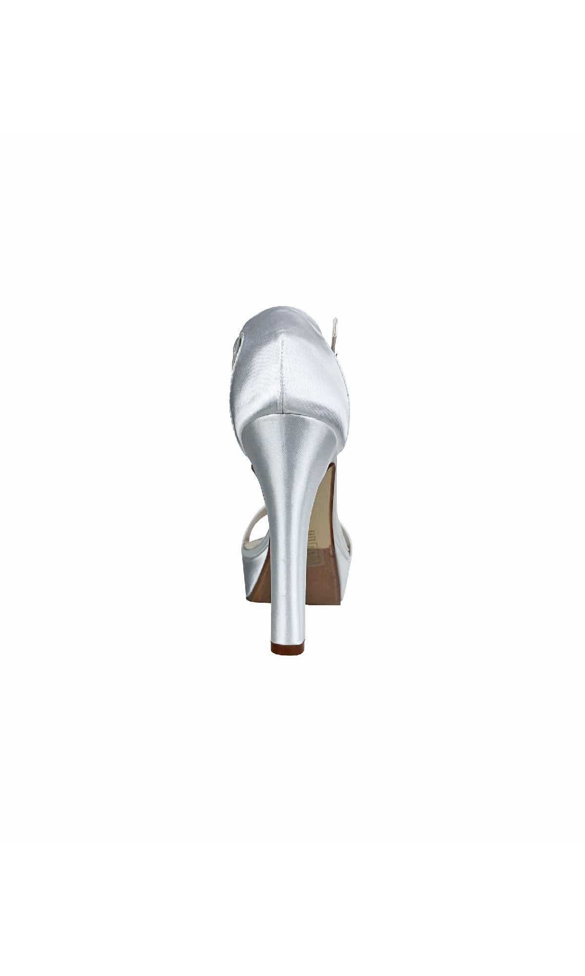 Rear view of Mary White Satin Prom Dress Shoe (Dyeables 4432) in silver with a closed heel and open toe, shown against a white background.